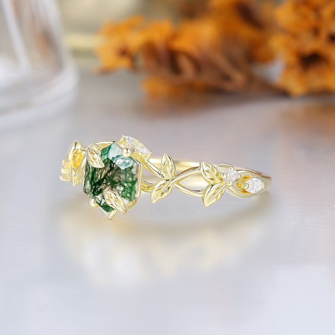 Bague de mariage en agate mousse hexagonale inspirée de la forêt pour femme, bague de fiançailles naturelle à feuilles entrelacées pour elle