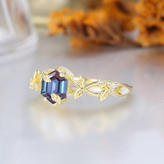 Leaf Elven-Inspired Hexagon Alexandrite Engagement Ring Enchanted Forest Alexandrite Women Marriage Ring