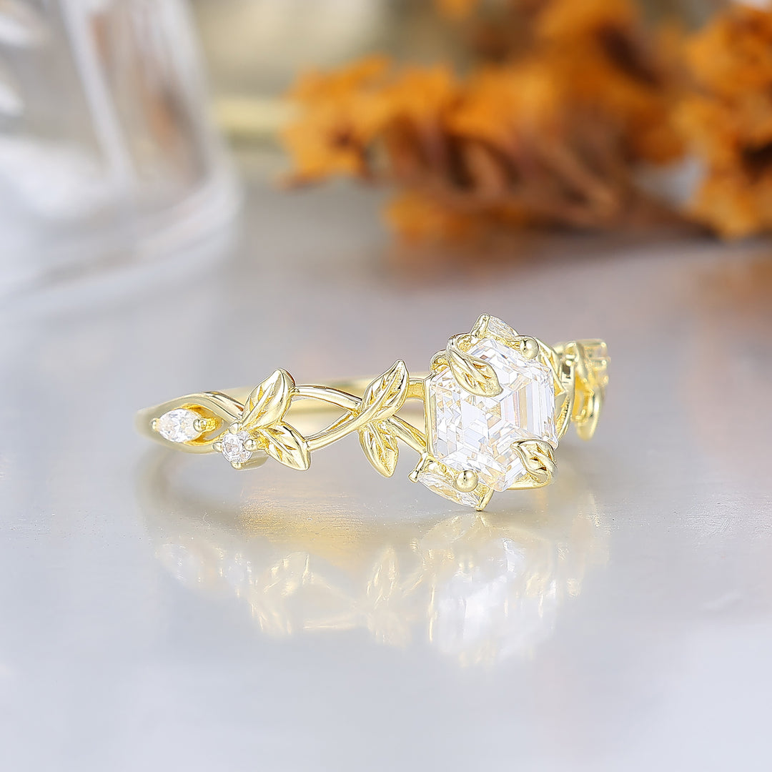 Botanical Leaf Prong Hexagon Cut Moissanite Engagement Ring Nature Inspired Moissanite Women Ring