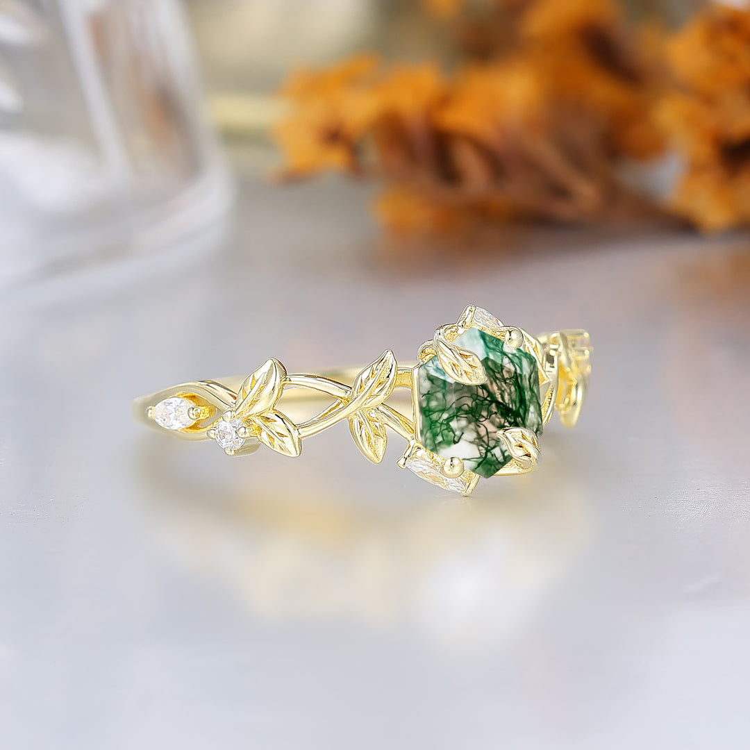Bague de mariage en agate mousse hexagonale inspirée de la forêt pour femme, bague de fiançailles naturelle à feuilles entrelacées pour elle