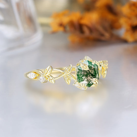 Bague de mariage en agate mousse hexagonale inspirée de la forêt pour femme, bague de fiançailles naturelle à feuilles entrelacées pour elle