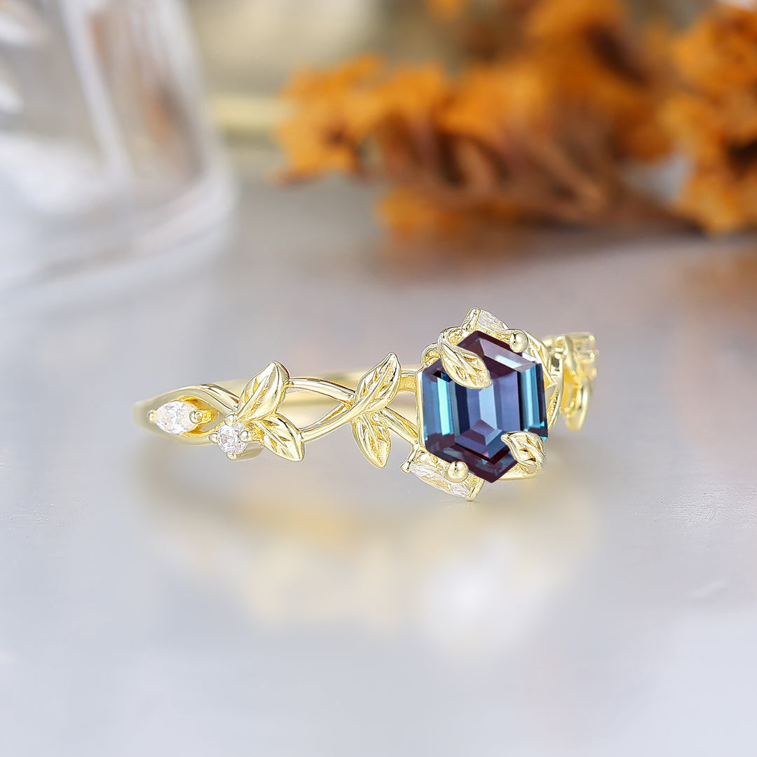 Leaf Elven-Inspired Hexagon Alexandrite Engagement Ring Enchanted Forest Alexandrite Women Marriage Ring