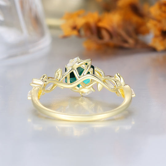 Anillo de compromiso para mujer con corte hexagonal, hiedra botánica y esmeralda, anillo de boda para ella con hoja esculpida y esmeralda