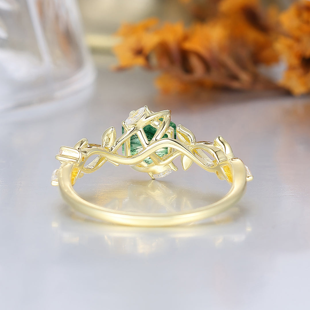 Bague de mariage en agate mousse hexagonale inspirée de la forêt pour femme, bague de fiançailles naturelle à feuilles entrelacées pour elle