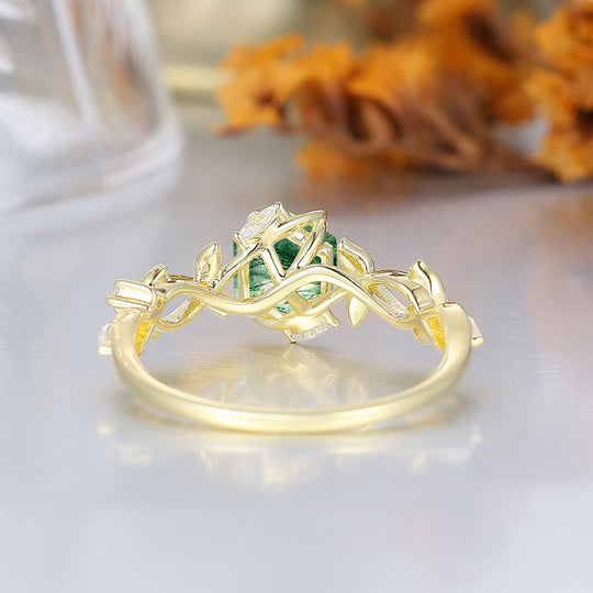 Bague de mariage en agate mousse hexagonale inspirée de la forêt pour femme, bague de fiançailles naturelle à feuilles entrelacées pour elle
