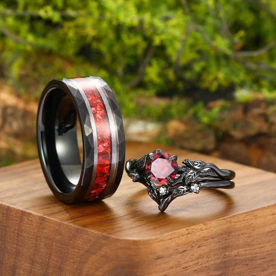 Dainty Red Garnet Twigs Engagement Couple Rings Set Promise Red Tungsten Weddding Band For Men And Women -  Esdomera.com