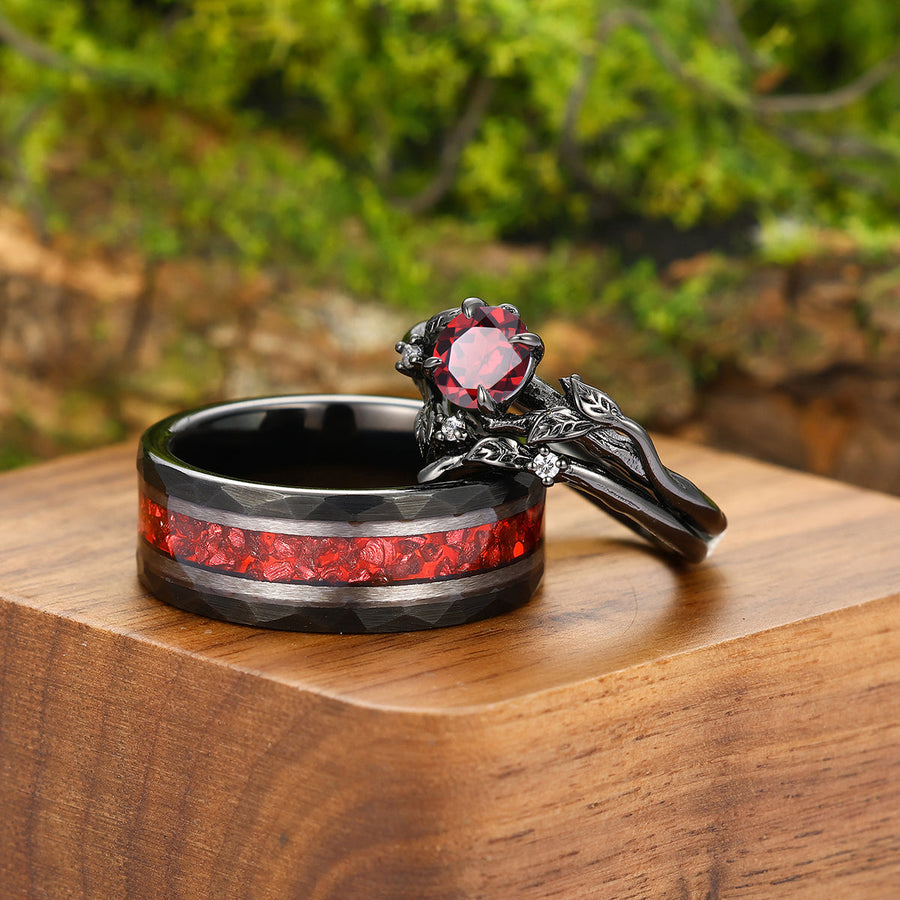 Dainty Red Garnet Twigs Engagement Couple Rings Set Promise Red Tungsten Weddding Band For Men And Women -  Esdomera.com