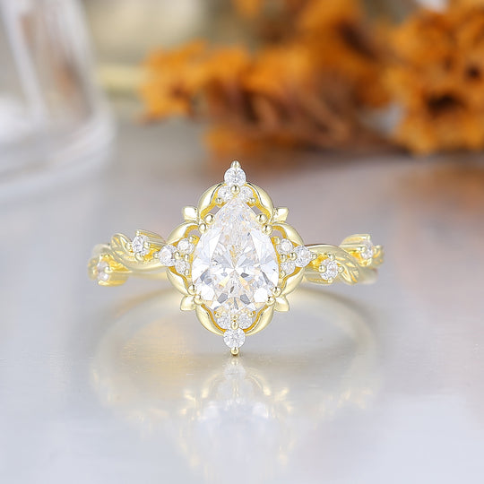 Refined Filigreed Pear Moissanite Bridal Ring Artsy Solid Gold Moissanite Ring For Her