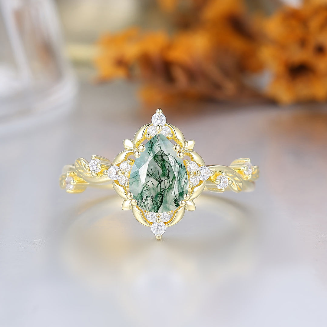 Floraler Ring mit durchbrochenem Birnenschliff-Moosachat für die Hochzeit, viktorianischer Blatt-Halo-Verlobungsring für Frauen