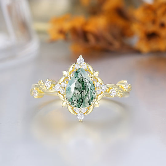 Floraler Ring mit durchbrochenem Birnenschliff-Moosachat für die Hochzeit, viktorianischer Blatt-Halo-Verlobungsring für Frauen