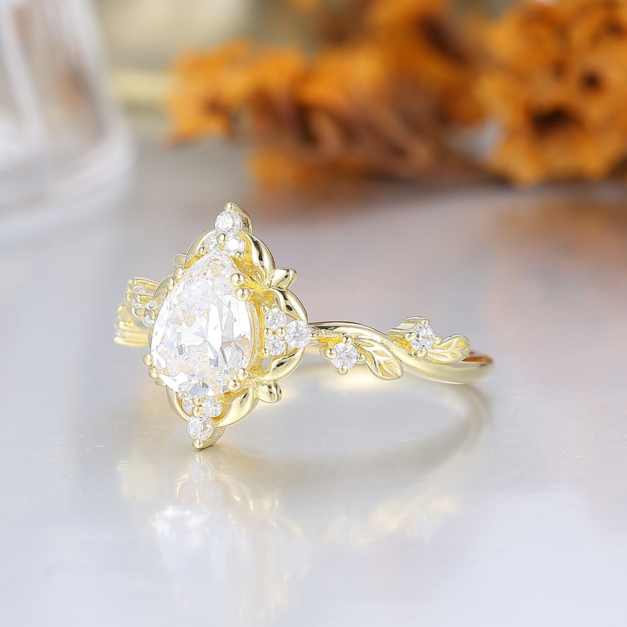 Refined Filigreed Pear Moissanite Bridal Ring Artsy Solid Gold Moissanite Ring For Her