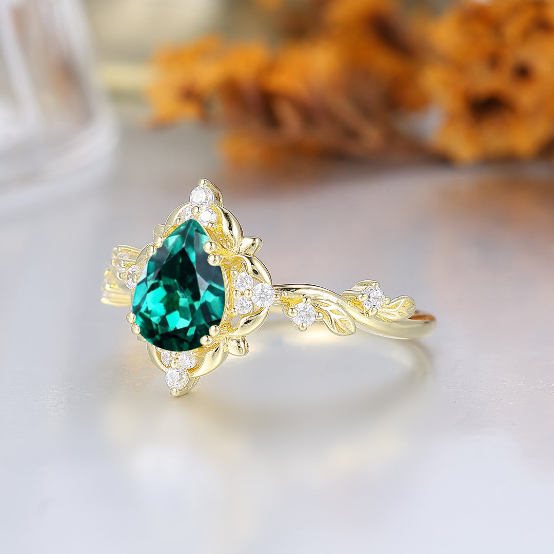 Floral Halo Pear Cut Emerald Engagement Ring For Her Fairycore Elegant Emerald Women Anniversary Ring