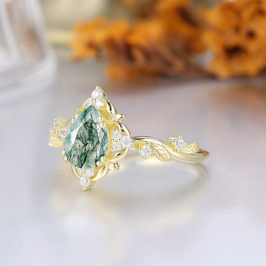 Floraler Ring mit durchbrochenem Birnenschliff-Moosachat für die Hochzeit, viktorianischer Blatt-Halo-Verlobungsring für Frauen