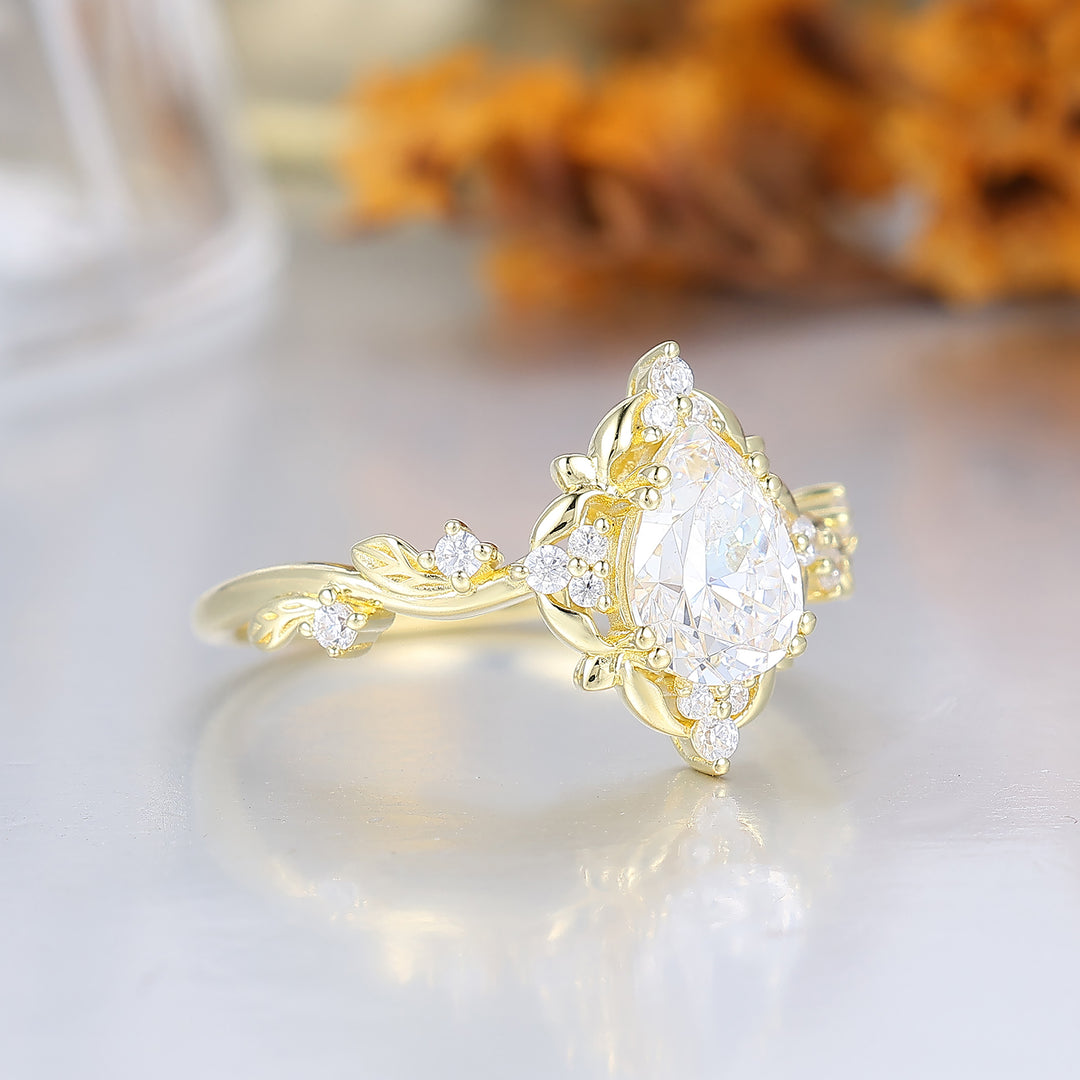 Refined Filigreed Pear Moissanite Bridal Ring Artsy Solid Gold Moissanite Ring For Her