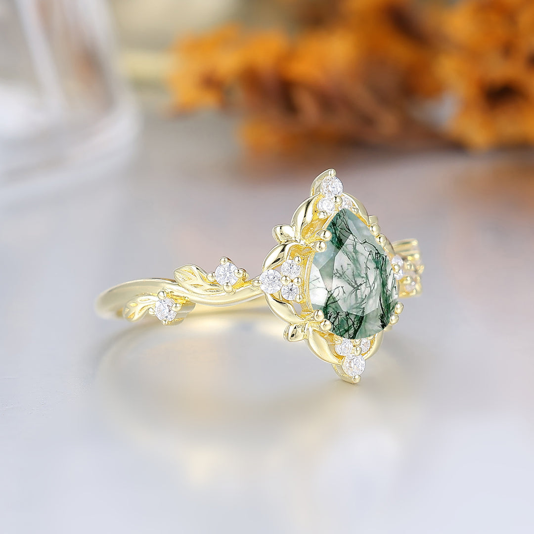 Floraler Ring mit durchbrochenem Birnenschliff-Moosachat für die Hochzeit, viktorianischer Blatt-Halo-Verlobungsring für Frauen