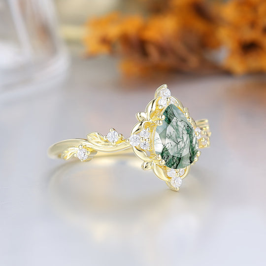 Floraler Ring mit durchbrochenem Birnenschliff-Moosachat für die Hochzeit, viktorianischer Blatt-Halo-Verlobungsring für Frauen