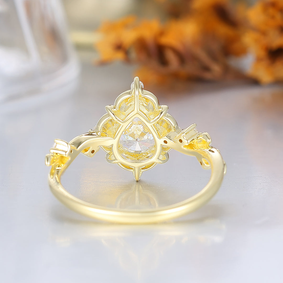 Refined Filigreed Pear Moissanite Bridal Ring Artsy Solid Gold Moissanite Ring For Her