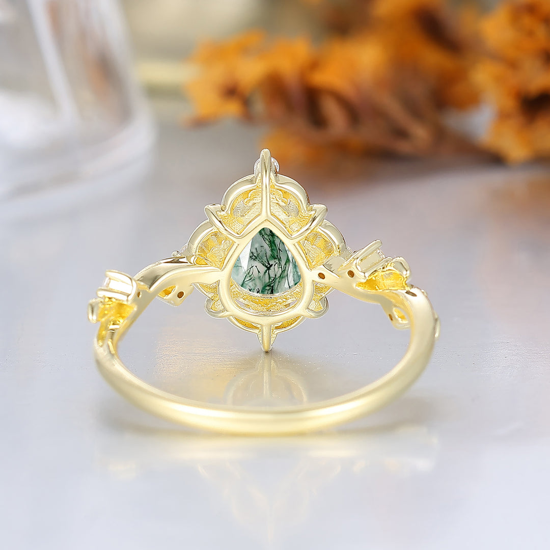 Floraler Ring mit durchbrochenem Birnenschliff-Moosachat für die Hochzeit, viktorianischer Blatt-Halo-Verlobungsring für Frauen