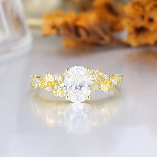 Refined Oval Moissanite Ginkgo Leaf Engraved Engagement Ring Branch-Inspired Yellow Gold Bridal Ring