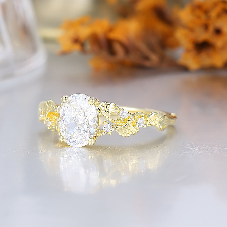Refined Oval Moissanite Ginkgo Leaf Engraved Engagement Ring Branch-Inspired Yellow Gold Bridal Ring