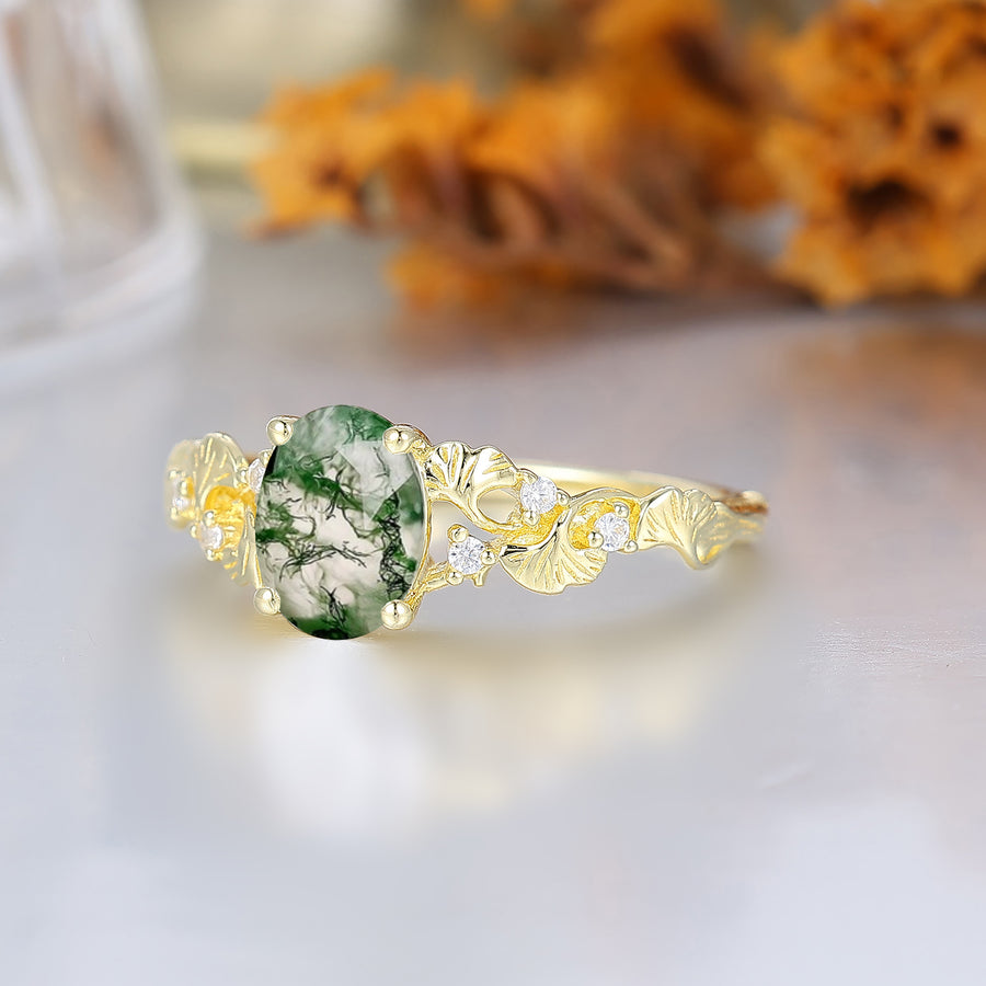 Ginkgo Botanical Oval Moss Agate Bridal Wedding Ring Leaf Cottagecore Engagement Ring For Women