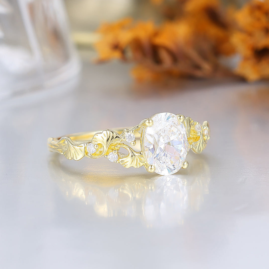 Refined Oval Moissanite Ginkgo Leaf Engraved Engagement Ring Branch-Inspired Yellow Gold Bridal Ring
