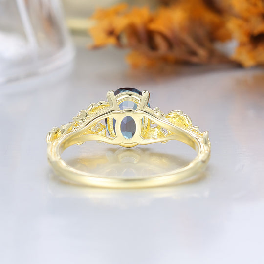 Ginkgo Leaf Inspired Oval Alexandrite Anniversary Bridal Ring Enchanted Garden Style Wedding Ring For Women