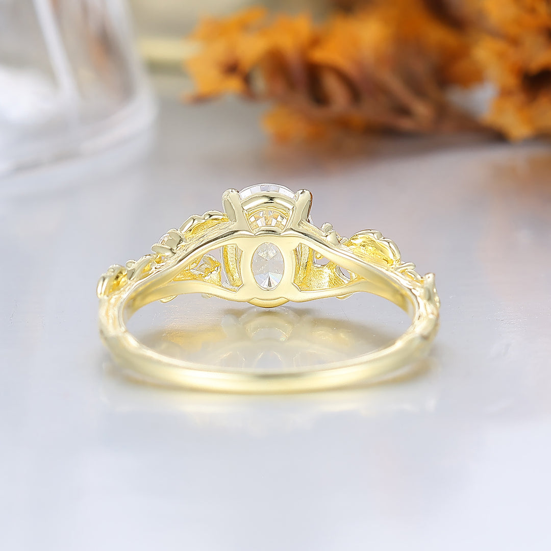 Refined Oval Moissanite Ginkgo Leaf Engraved Engagement Ring Branch-Inspired Yellow Gold Bridal Ring