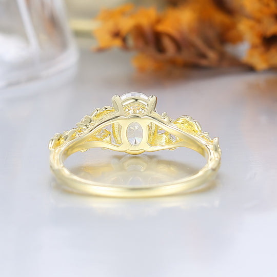 Refined Oval Moissanite Ginkgo Leaf Engraved Engagement Ring Branch-Inspired Yellow Gold Bridal Ring