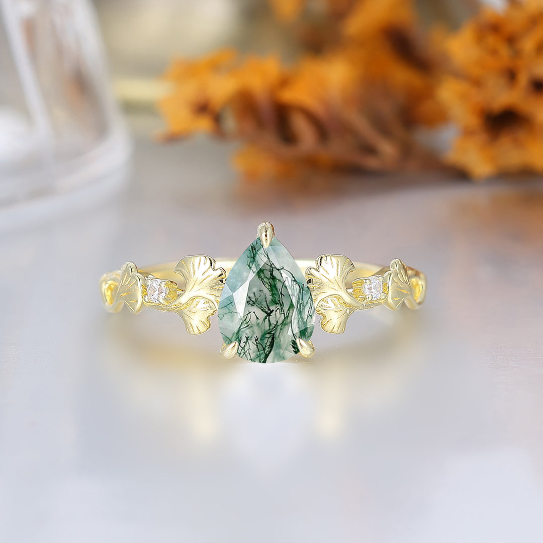 3-Krappen-Verlobungsring mit Tropfenschliff aus Moosachat, Ginkgo-Blatt, Erbstück-Hochzeitsring für Sie