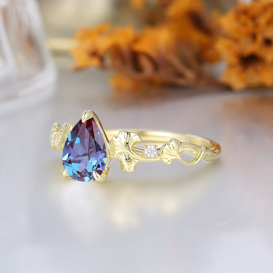 Ginkgo Leaf Sprig Pear Alexandrite Women Engagement Ring Botanical Anniversary Bridal Ring