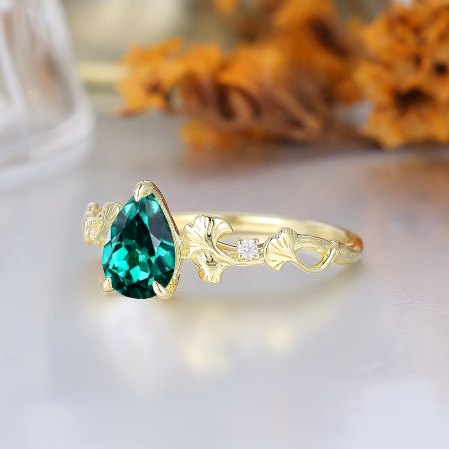 Ginkgo Foliage Pear Cut Emerald Bridal Wedding Ring Elven Heirloom Anniversary Ring For Women