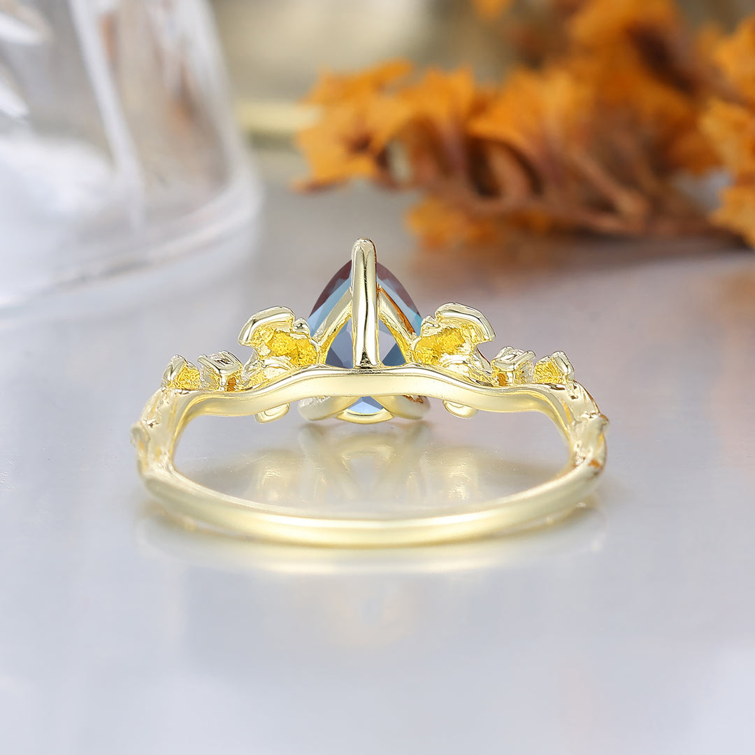 Ginkgo Leaf Sprig Pear Alexandrite Women Engagement Ring Botanical Anniversary Bridal Ring