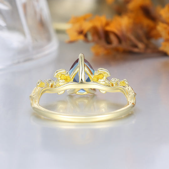 Ginkgo Leaf Sprig Pear Alexandrite Women Engagement Ring Botanical Anniversary Bridal Ring