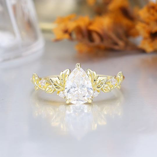 Ethereal Leaf Motif Pear Shape Moissanite Bridal Ring Delicate Gold Wedding Ring For Women