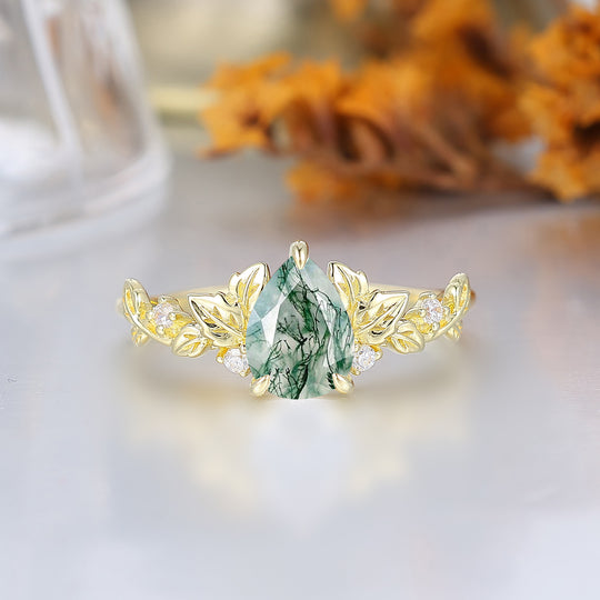 Anillo de compromiso Fairycore con hojas, ágata musgosa talla pera, inspirado en la naturaleza, para mujer, anillo de boda para ella