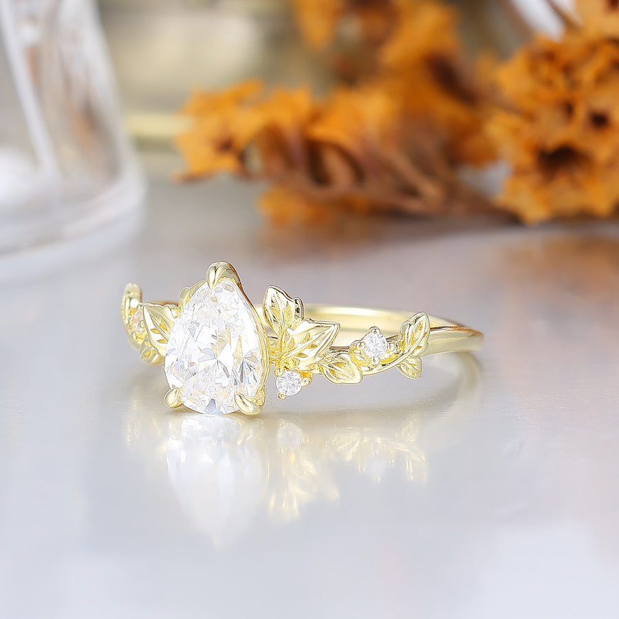 Ethereal Leaf Motif Pear Shape Moissanite Bridal Ring Delicate Gold Wedding Ring For Women