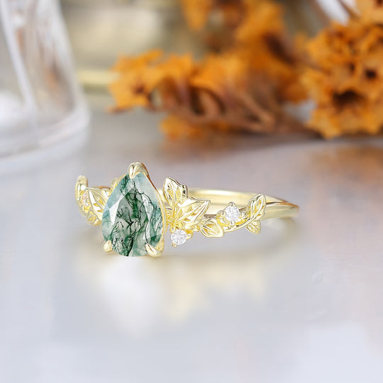 Anillo de compromiso Fairycore con hojas, ágata musgosa talla pera, inspirado en la naturaleza, para mujer, anillo de boda para ella