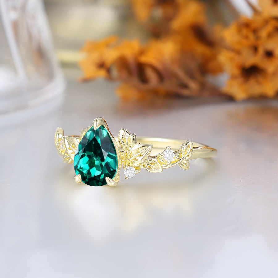 Botanical Pear Shaped Emerald Anniversary Ring For Her Cluster Leaf Style 3 Claw Women Wedding Ring