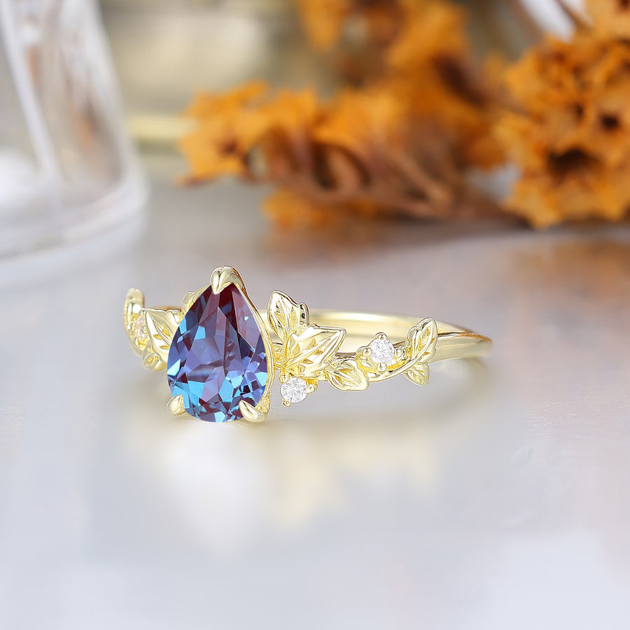 Leaf Tiara 3 Claw Pear Cut Alexandrite Bridal Marriage Ring Cottagecore Women Anniversary Ring