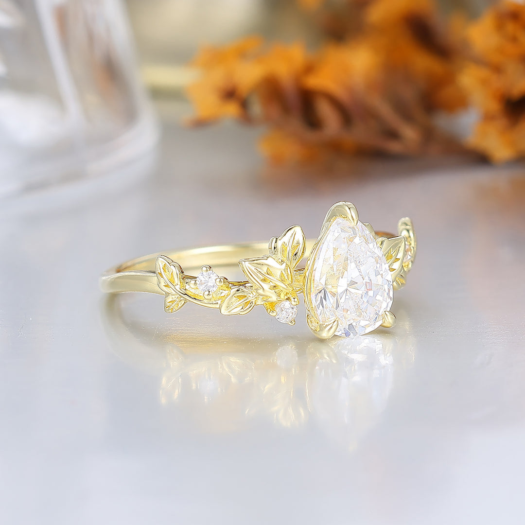 Ethereal Leaf Motif Pear Shape Moissanite Bridal Ring Delicate Gold Wedding Ring For Women