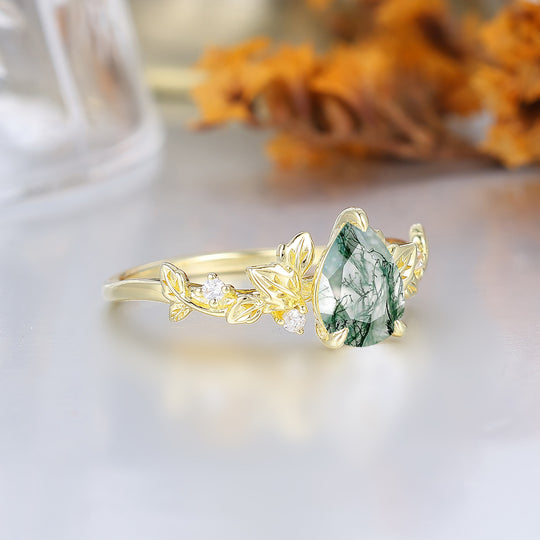 Anillo de compromiso Fairycore con hojas, ágata musgosa talla pera, inspirado en la naturaleza, para mujer, anillo de boda para ella
