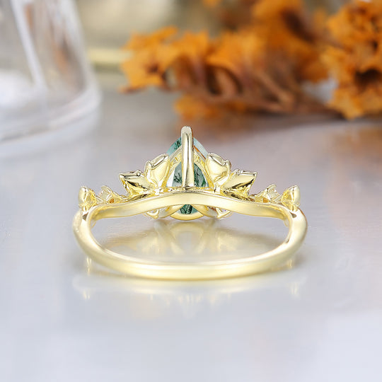 Anillo de compromiso Fairycore con hojas, ágata musgosa talla pera, inspirado en la naturaleza, para mujer, anillo de boda para ella