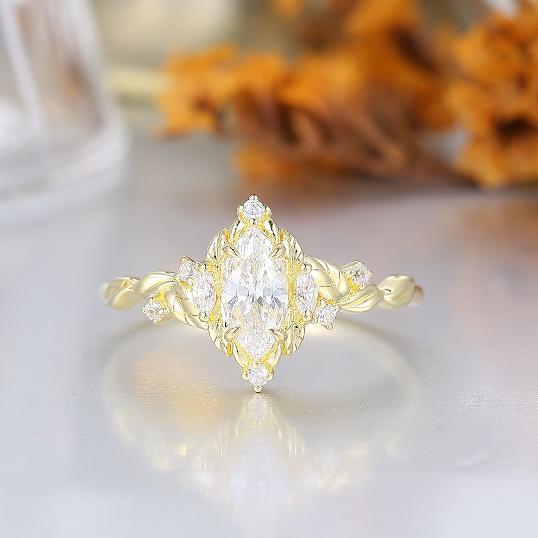 Noble Leaf-Cradled Marquise Moissanite Ring For Her Handmade 14K Gold Moissanite Bridal Ring