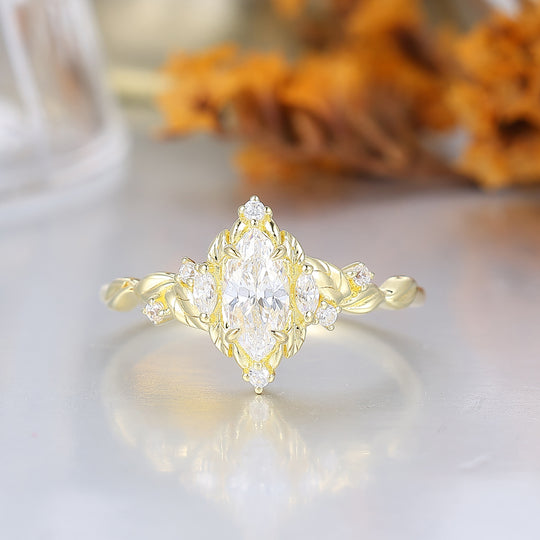 Noble Leaf-Cradled Marquise Moissanite Ring For Her Handmade 14K Gold Moissanite Bridal Ring