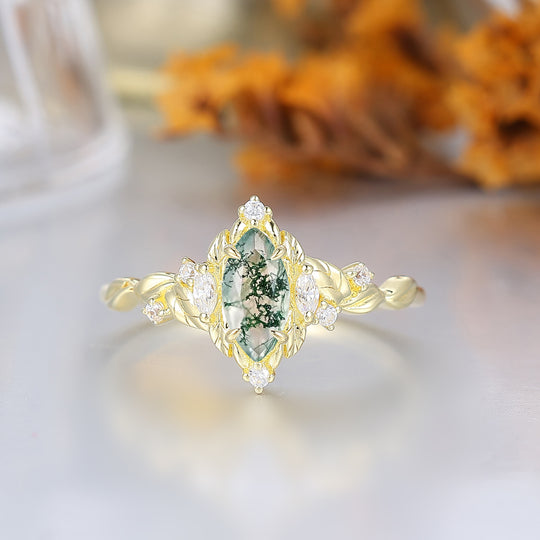 Bague de mariée marquise en agate mousse feuillage victorien, bague de fiançailles Agate Forêt Enchantée pour femme