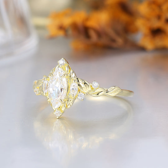 Noble Leaf-Cradled Marquise Moissanite Ring For Her Handmade 14K Gold Moissanite Bridal Ring
