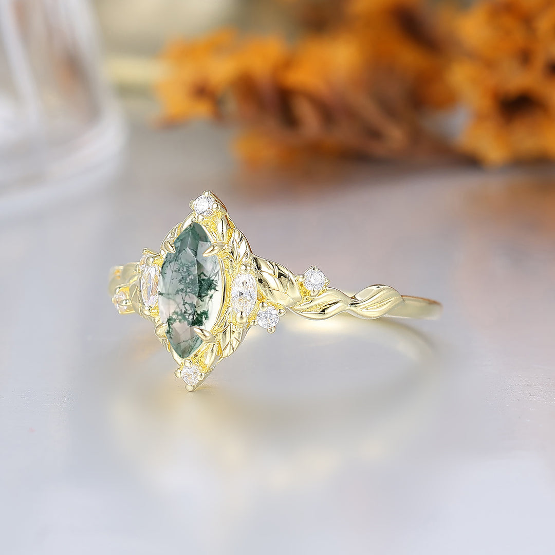 Bague de mariée marquise en agate mousse feuillage victorien, bague de fiançailles Agate Forêt Enchantée pour femme