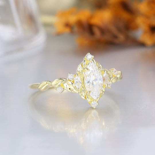 Noble Leaf-Cradled Marquise Moissanite Ring For Her Handmade 14K Gold Moissanite Bridal Ring