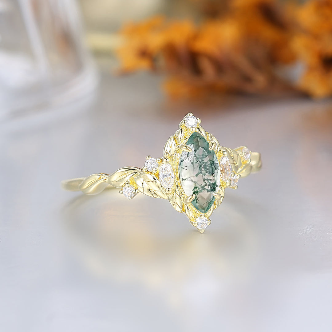 Bague de mariée marquise en agate mousse feuillage victorien, bague de fiançailles Agate Forêt Enchantée pour femme